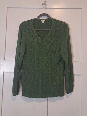 Talbots Cable Knit Cotton 100%  V Neck Sweater Lightweight Stretchy Green Sz XL
